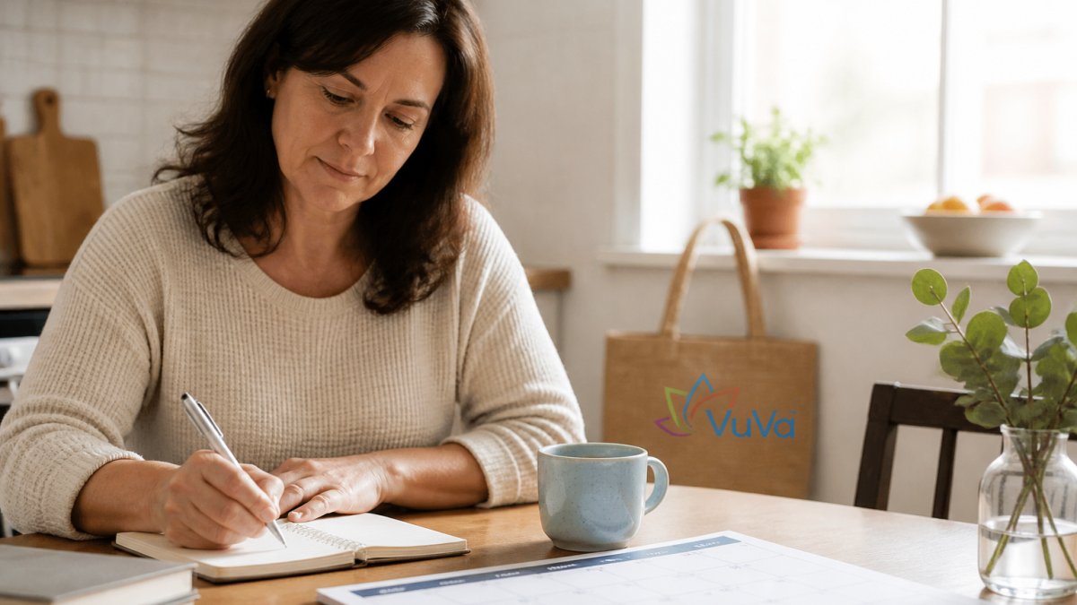 Infographic showing a step-by-step process for tracking daily symptoms and triggers in a personal health journal