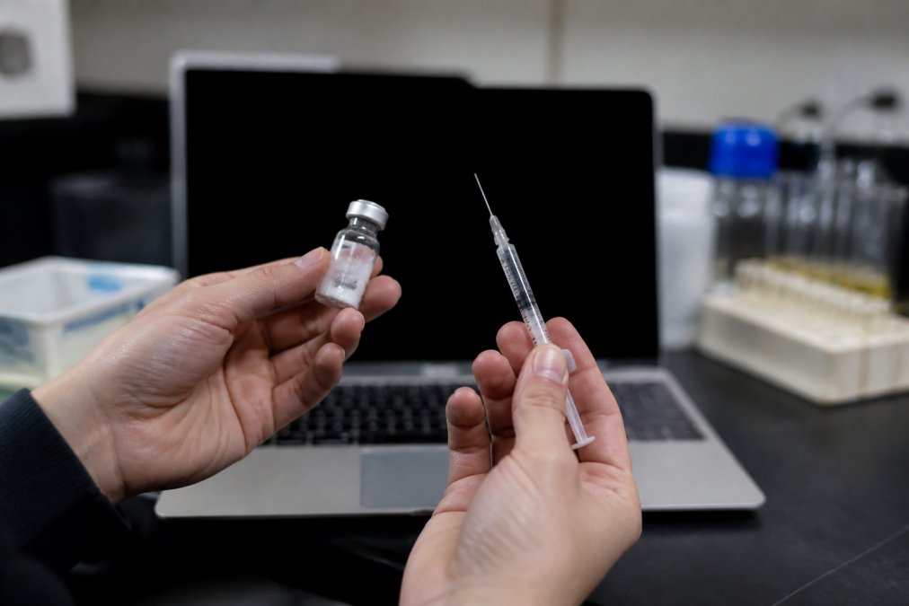 Close-up of hands holding a peptide vial and insulin syringe with a laptop displaying a peptide calculator tool in the background, natural laboratory lighting