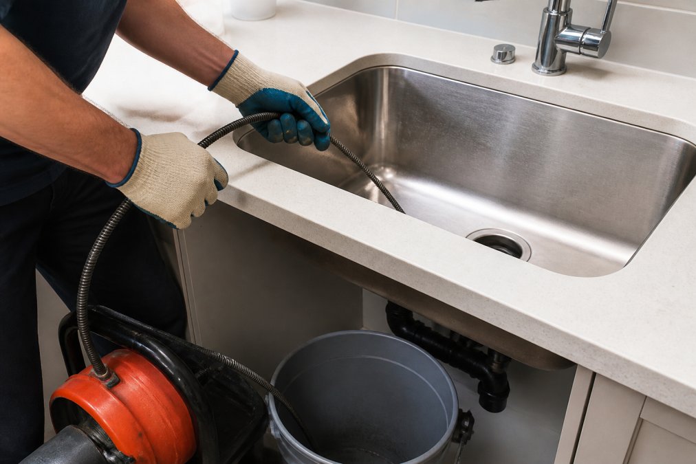 Professional plumber's hands wearing safety gloves inserting a plumbing snake cable into a sink drain opening, showing proper grip and angle with bucket positioned below to catch debris