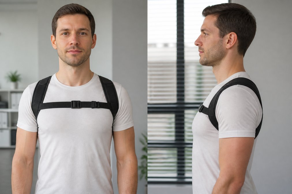 Person wearing a properly fitted posture brace over a light-colored shirt, showing correct shoulder alignment and clavicle positioning from front and side view angles in natural office lighting