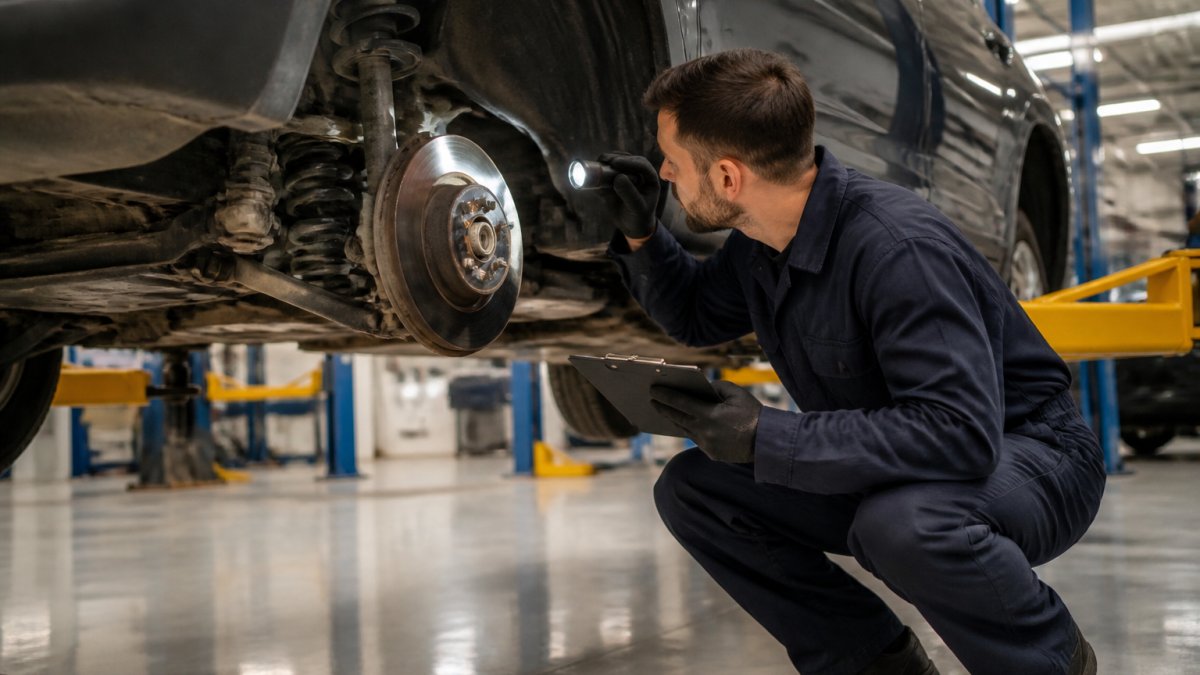 A red seal technician inspects the brakes and suspension of a raised used car with a clipboard and flashlight.