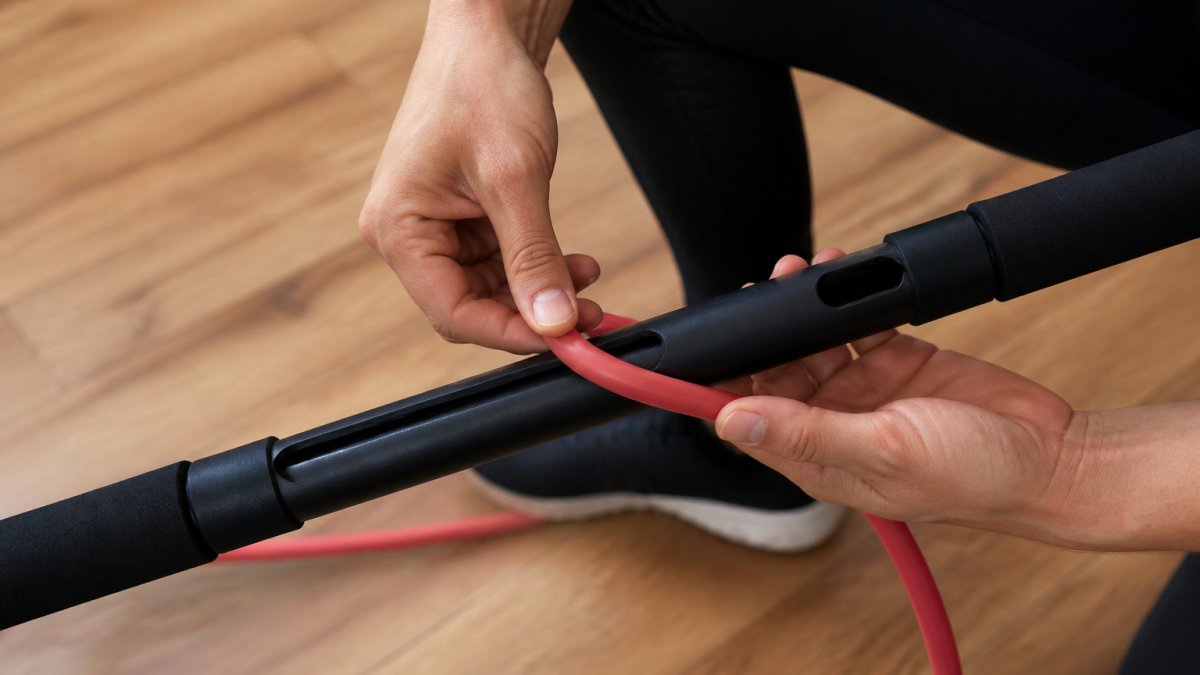 Close-up of hands threading a resistance band through the channel of a resistance bar, showing the band seated evenly on both sides before the end cap is secured