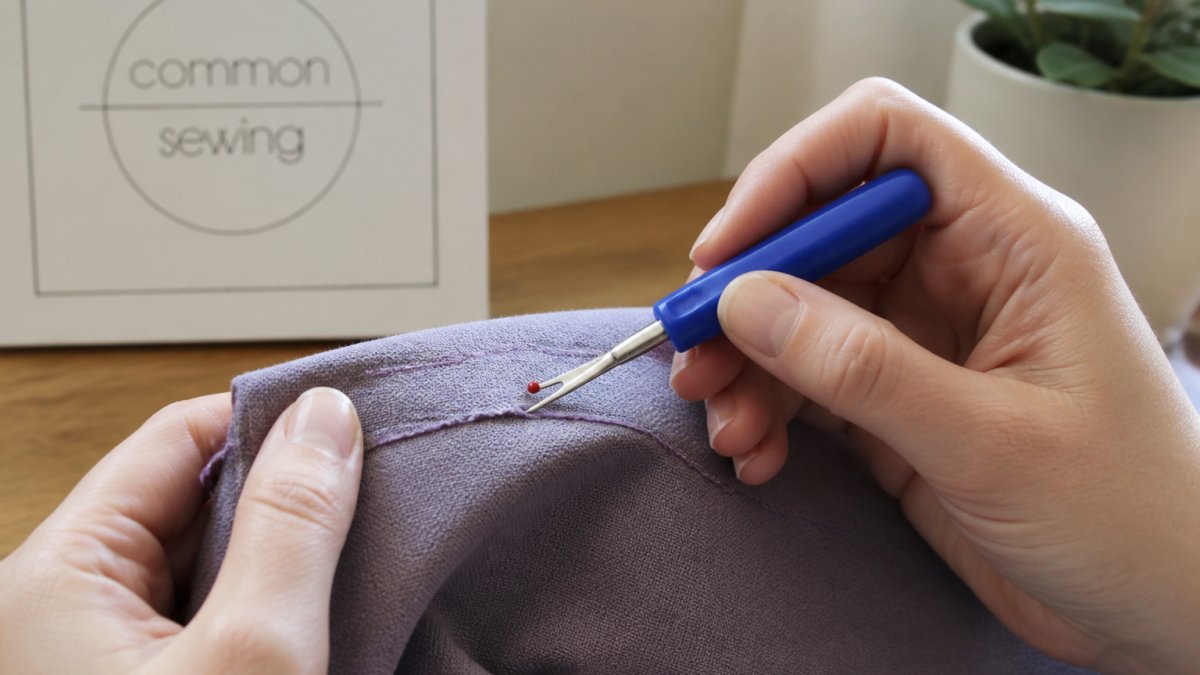 Diagram showing how to use a seam ripper correctly by placing the curved blade under a stitch at the proper angle.