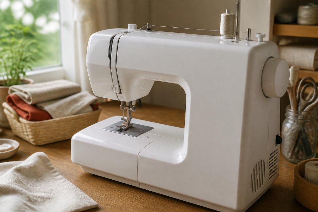 Close-up of a modern sewing machine on a wooden desk, with key parts clearly visible including the presser foot, needle plate, thread spool pin, and hand wheel, photographed in warm natural window light