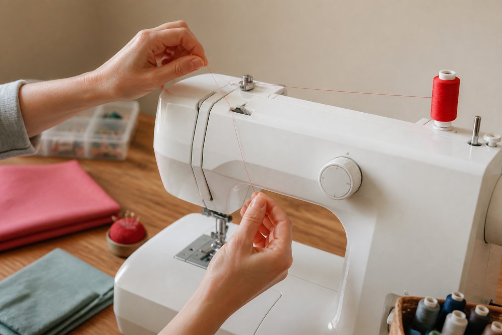 A beginner's hands carefully threading a sewing machine, guiding thread through the tension discs and thread take-up lever toward the needle eye, with a spool of bright red thread visible on the spool pin, shot in soft indoor lighting