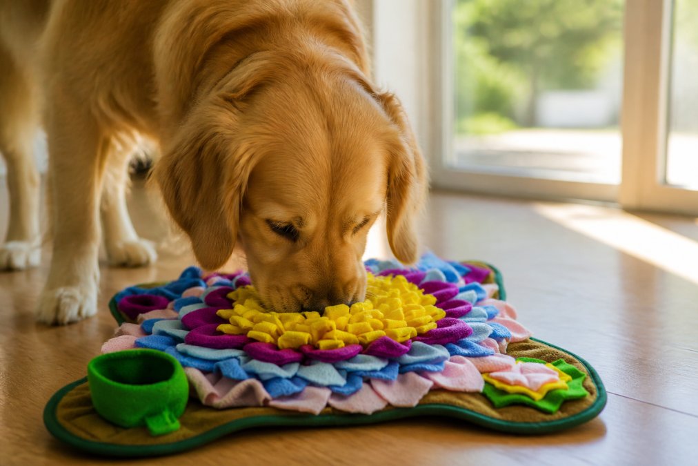 A golden retriever with its nose buried deep into a snuffle mat's fabric petals, actively searching and sniffing with focused expression, sunlight streaming through a window illuminating the scene
