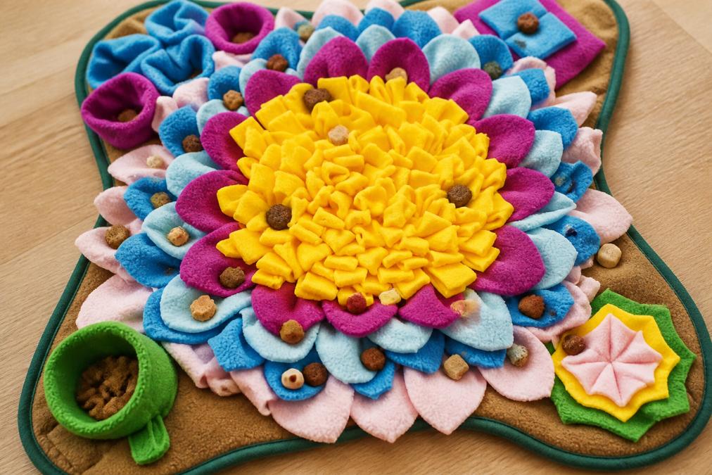 Close-up of various dog treats and kibble scattered across a snuffle mat's fabric surface, showing different textures, sizes and colours of treats nestled between the fleece strips in natural daylight