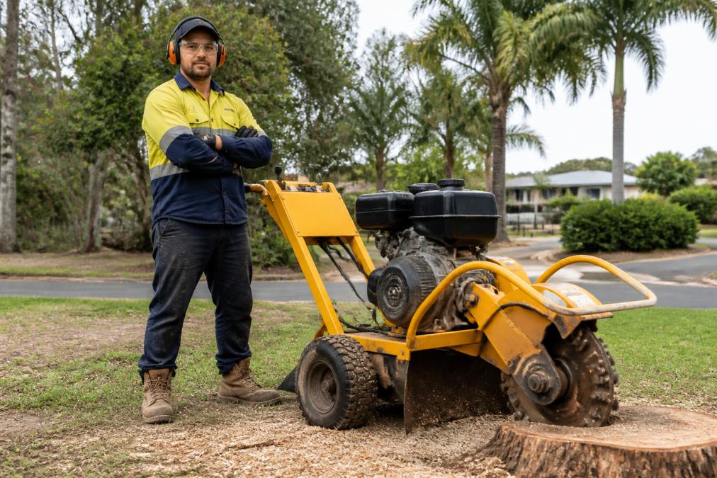 A person wearing full safety gear including safety glasses, ear muffs, heavy-duty gloves, and steel-capped boots, standing next to a petrol-powered stump grinder on a residential lawn in Australia