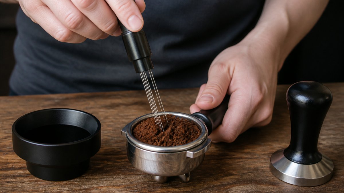 Close-up of hands holding a WDT tool with thin needles stirring coffee grounds in a portafilter basket on a wooden counter, with a dosing funnel and tamper nearby