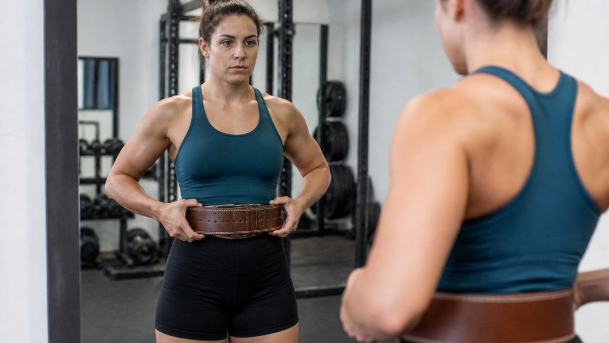 Lifter adjusting a leather belt to sit just above the hip bones in a gym