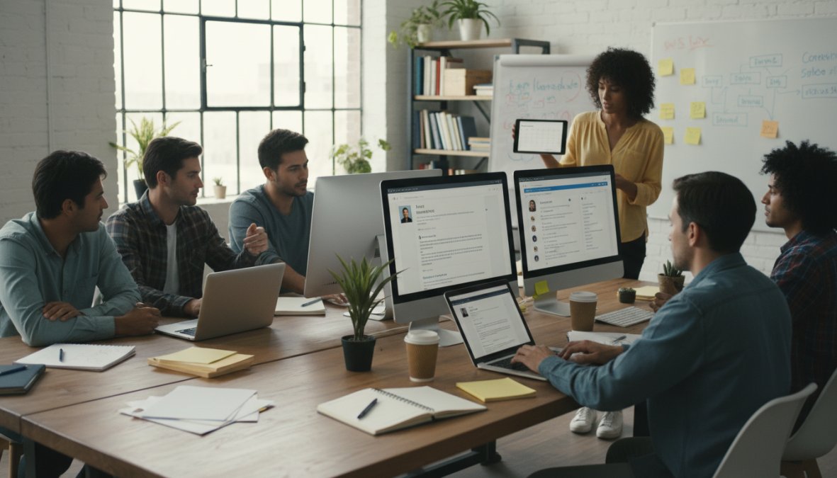 A diverse marketing team of three people collaborating around a table with multiple laptop screens showing blog posts, social media feeds, and email drafts in a bright creative workspace, afternoon natural light