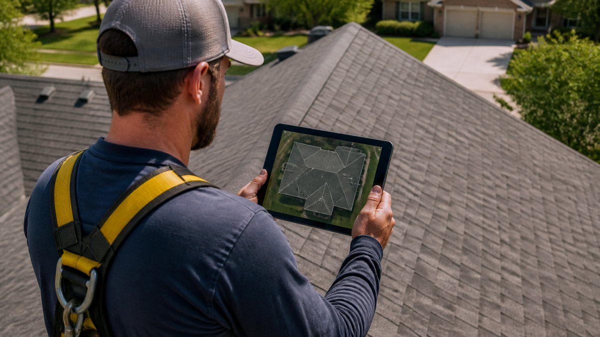 A roofing contractor in a safety harness standing on a shingle roof, holding a tablet displaying an aerial roof measurement overlay with pitch and facet lines