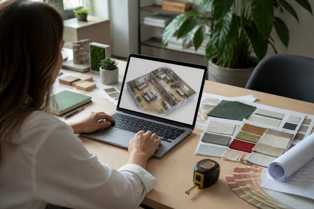 A designer sitting at a desk with a laptop showing a 3D floor plan, fabric swatches and a measuring tape nearby in a bright studio
