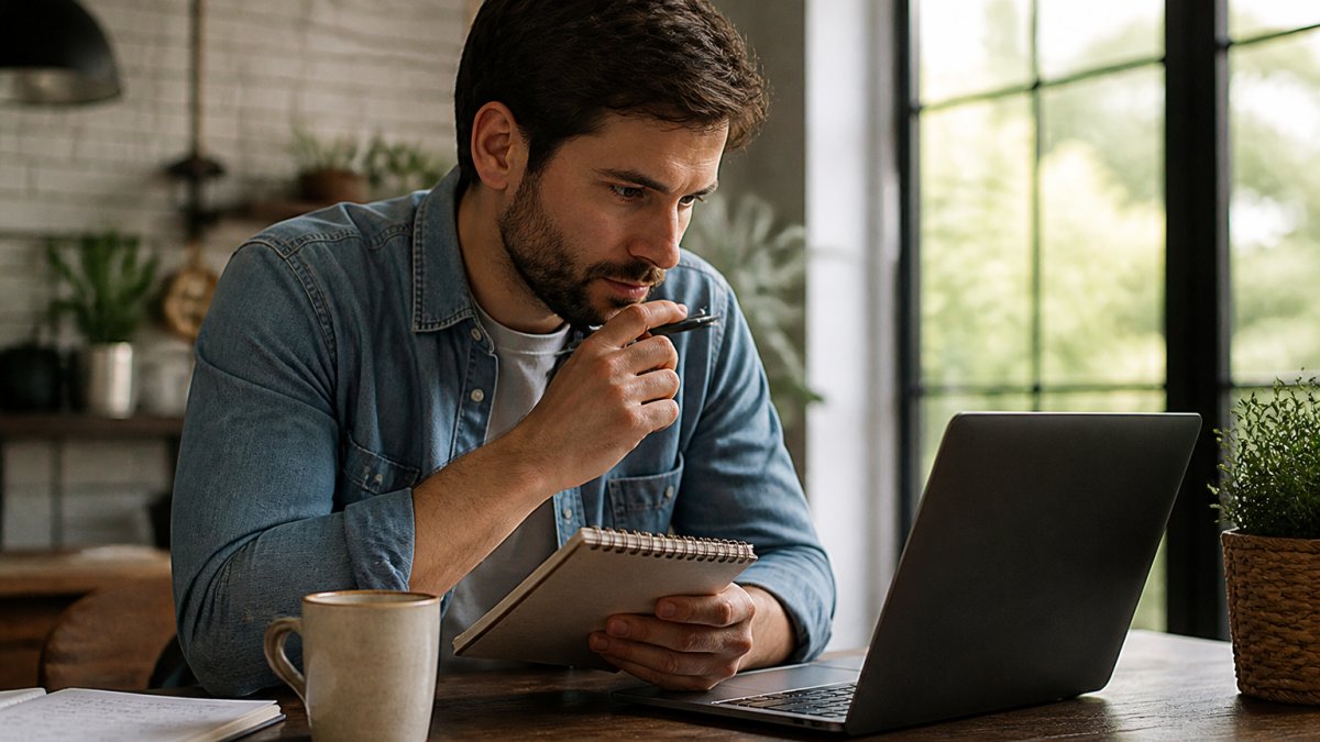 How to Use AI to Generate Website Copy: A Step-by-Step Guide Professional marketer reviewing and editing website copy on a laptop screen with a notepad and coffee on the desk, focused and analytical