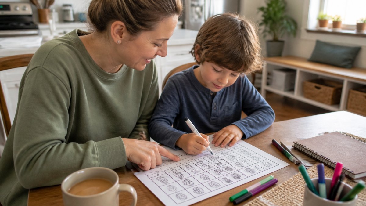 Parent and child using markers to complete a daily routine chart at a kitchen table during the morning