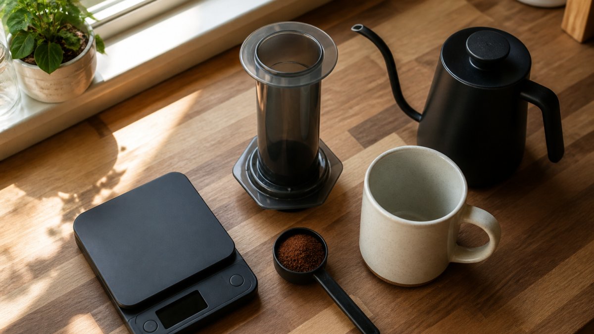 Overhead shot of an AeroPress on a wooden kitchen counter next to a digital scale, a scoop of medium-fine coffee grounds, a gooseneck kettle, and a 16-ounce mug, with soft morning light coming through a window