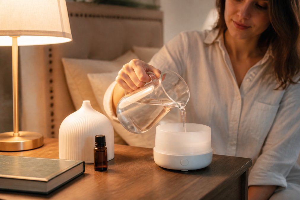 A woman in her late twenties filling an ultrasonic diffuser with room-temperature water from a glass pitcher on a wooden nightstand, soft lamp light, small bottle of essential oil and a book nearby