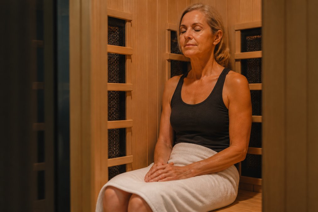 A person sitting comfortably inside a wooden infrared sauna with eyes closed, warm amber light glowing, towel draped over knees, calm and relaxed expression