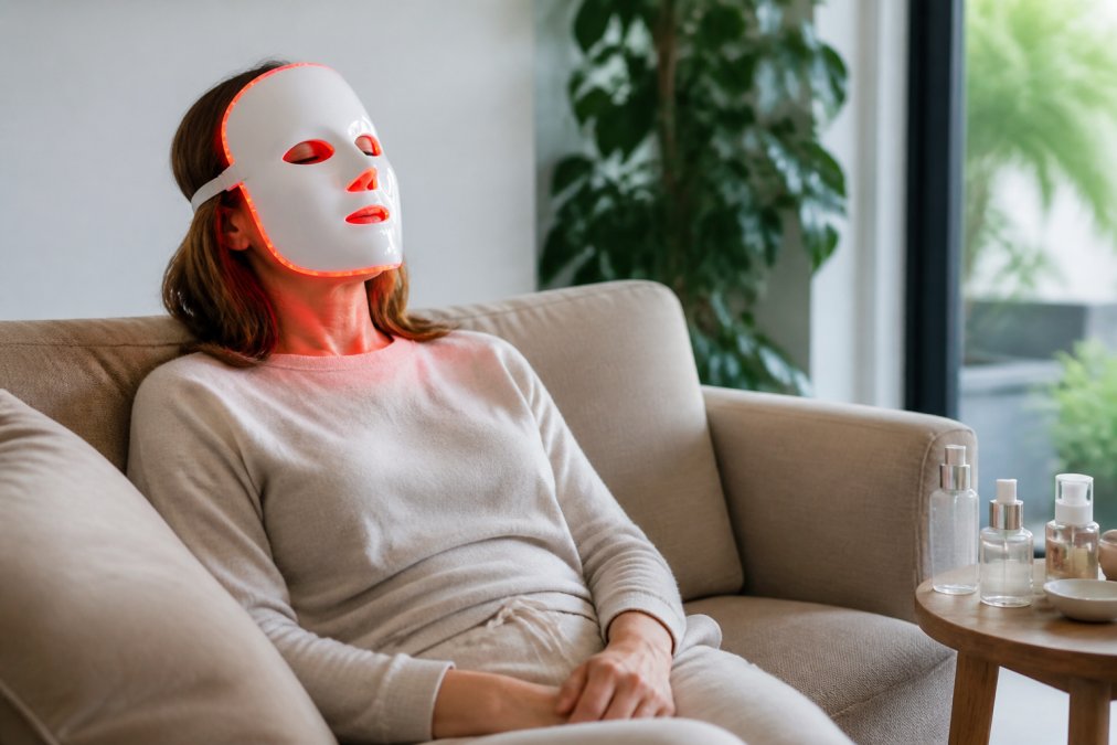 A woman in her 40s relaxing on a couch in a bright living room, wearing a wireless LED face mask with soft red light glowing, eyes closed, serene expression, skincare products visible on a side table