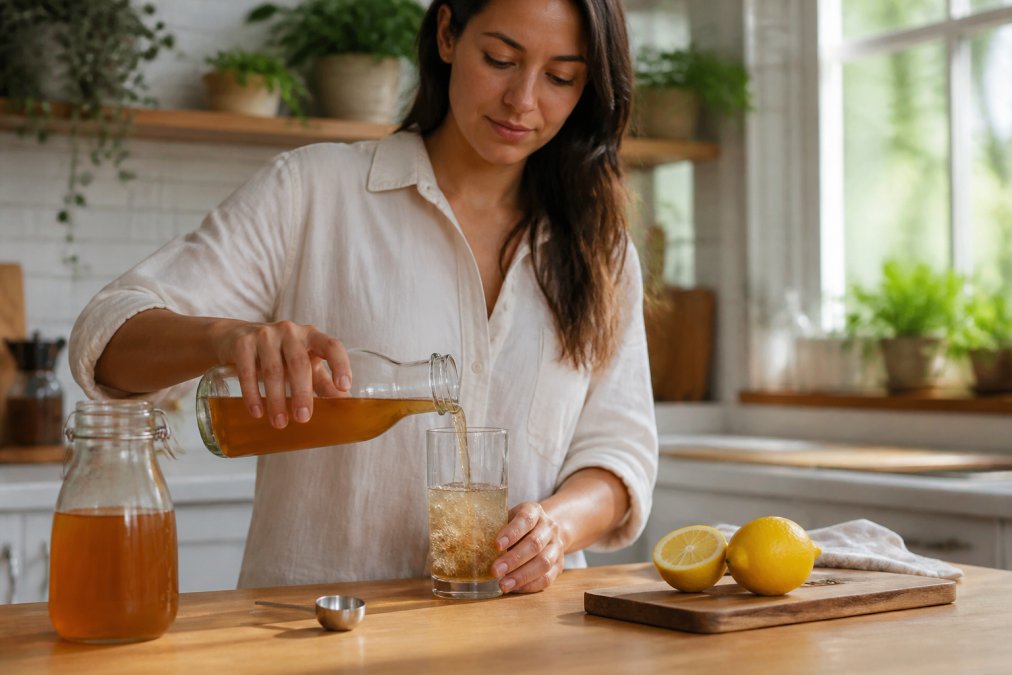 Person pouring apple cider vinegar into a glass of water with a measuring spoon and fresh lemon on a counter