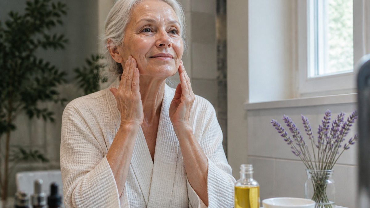 Woman in her sixties massaging botanical facial oil onto her cheeks in a bright bathroom with lavender nearby
