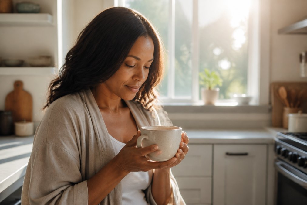 A woman in a sunlit kitchen holding a ceramic mug close to her chest, reading the inspirational quote printed on it, soft morning light streaming through a window behind her, steam rising gently from the mug, her expression calm and contemplative