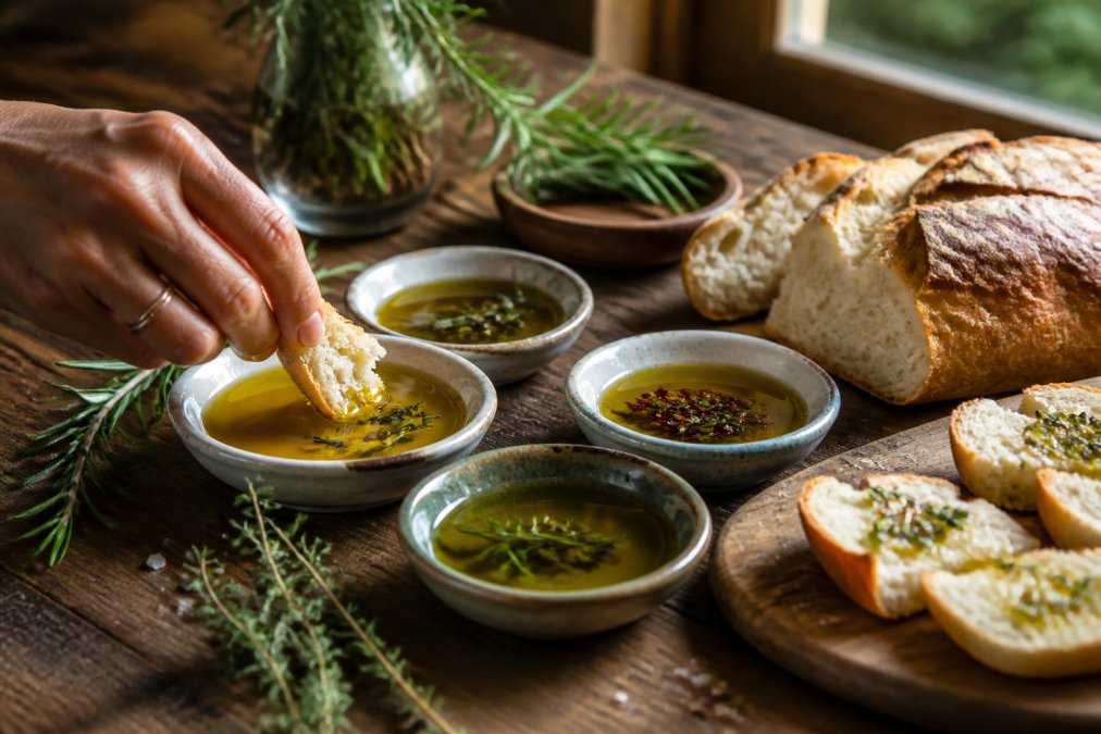 A rustic wooden table set with small ceramic bowls of golden and green infused oils, sprigs of fresh rosemary and thyme, a torn loaf of crusty bread, and hands dipping a piece of bread into a drizzle of oil under warm natural window light