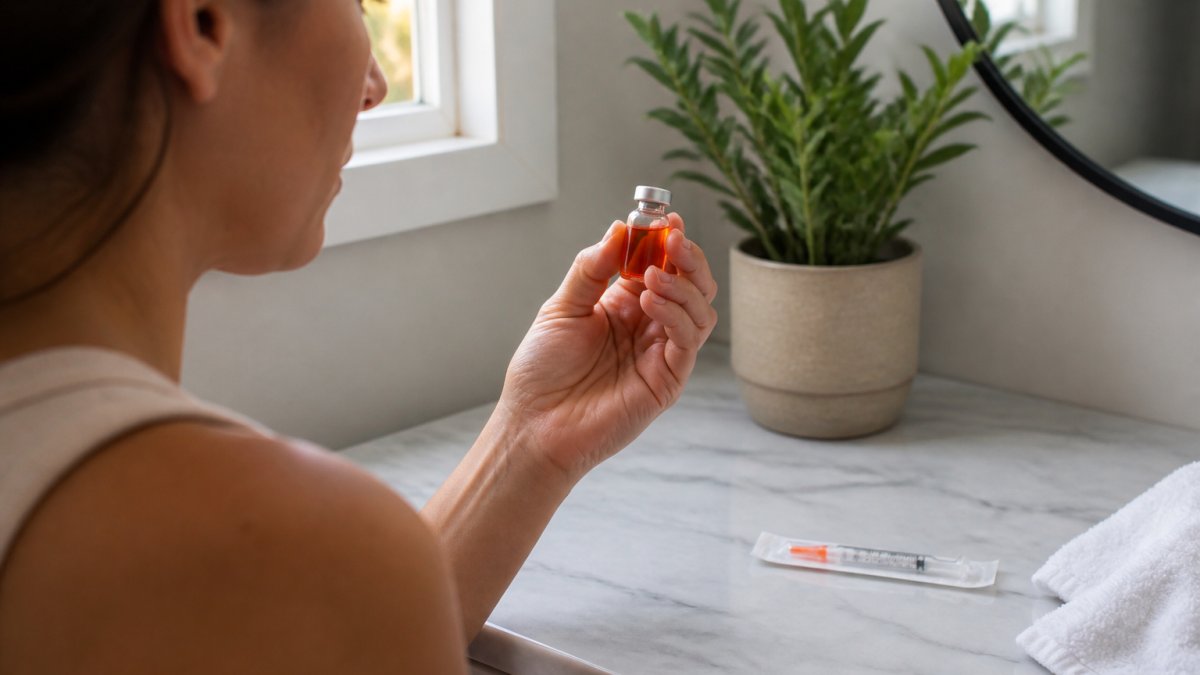 Person inspecting a vial and sterile needle for B12 injections on a clean bathroom counter