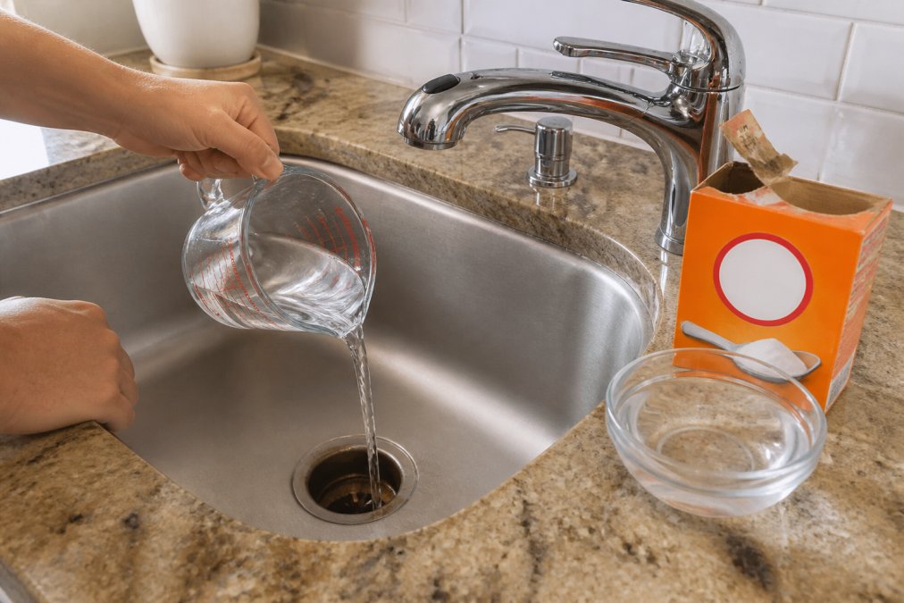 Person pouring vinegar into a sink drain while learning how to use baking soda and vinegar for clogged drain.