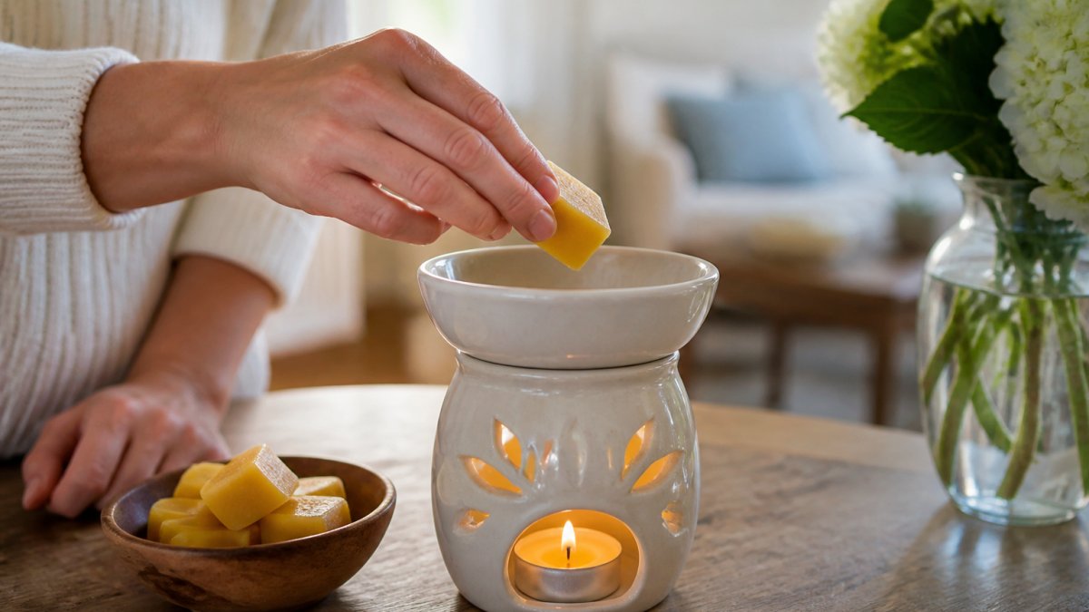 Close-up of hands placing a beeswax melt cube into the ceramic dish of a wax warmer on a wooden table, with a soft-lit living room in the background