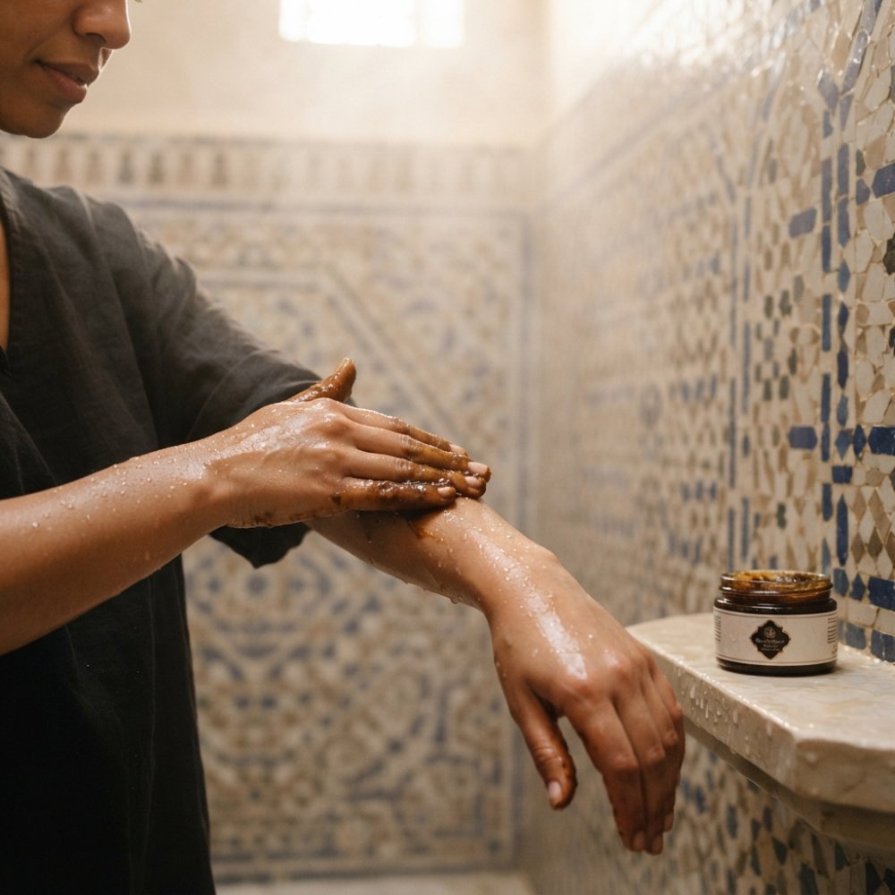 Close-up of hands applying dark gel-textured beldi soap to dampened arm skin, with visible steam in background and warm water droplets on skin surface