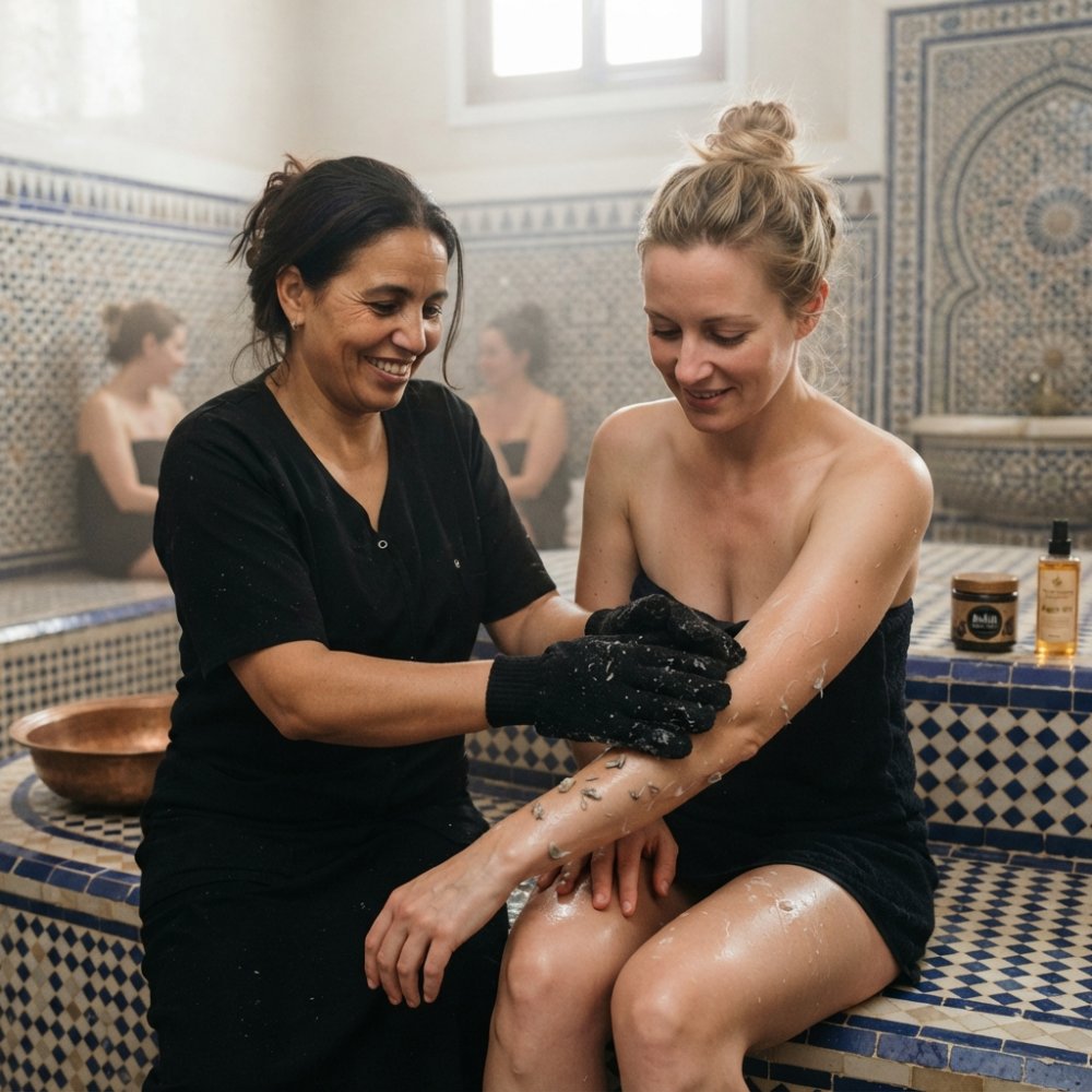 Person's hands using textured kessa exfoliating glove in circular motions on arm, with visible dead skin cells being removed and massage technique demonstrated