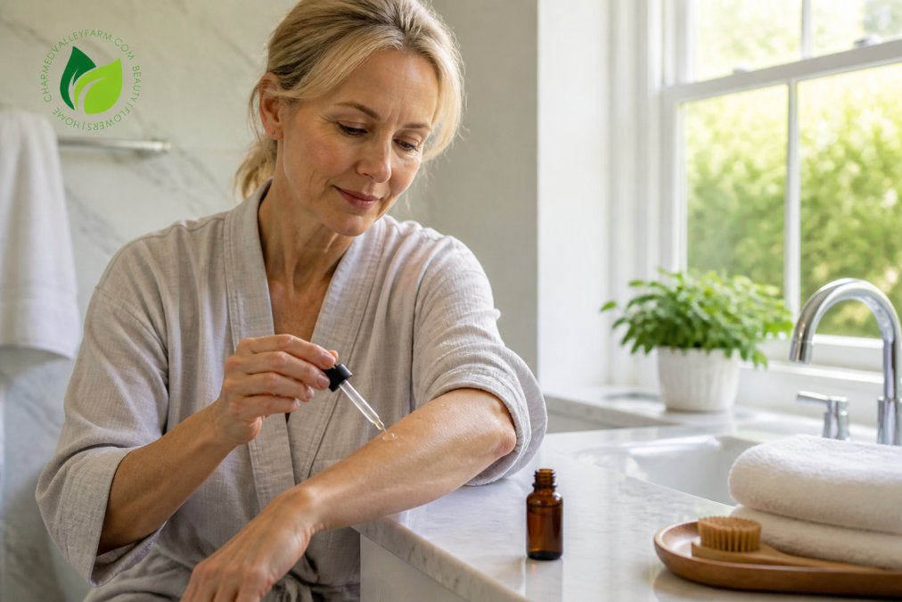Woman testing a drop of botanical serums on her forearm in a sunny bathroom