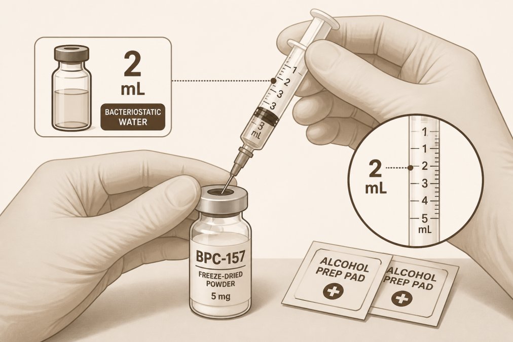 Close-up of hands drawing bacteriostatic water into a sterile syringe above a vial of freeze-dried BPC-157 powder on a clean clinical surface with alcohol prep pads nearby