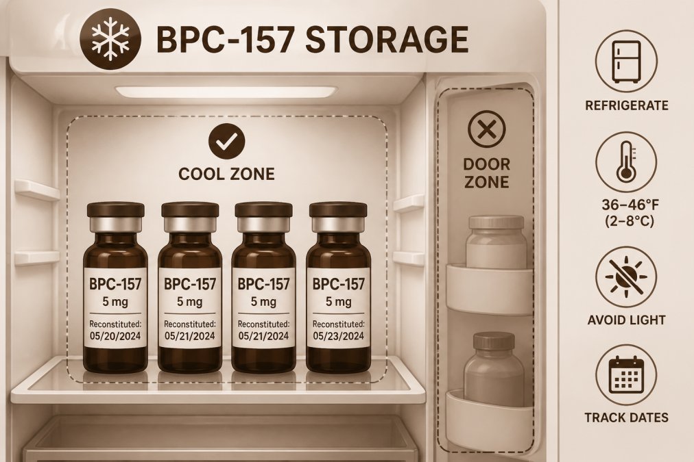 Refrigerator shelf displaying properly stored BPC-157 vials in amber glass bottles with clear labels showing reconstitution dates, positioned in the cool zone away from door