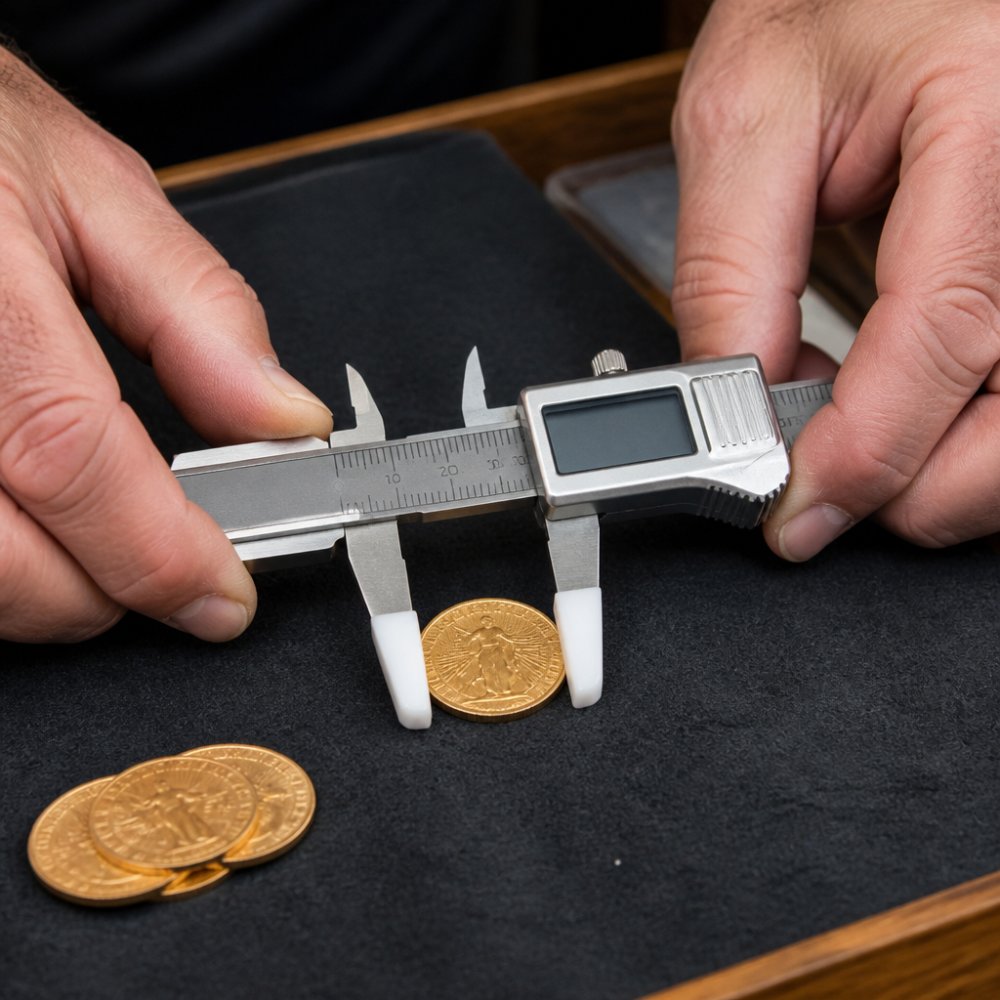 Close-up of hands holding digital calipers with nylon-tipped jaws gently measuring the diameter of a gold coin on a clean felt surface, soft natural lighting, shallow depth of field