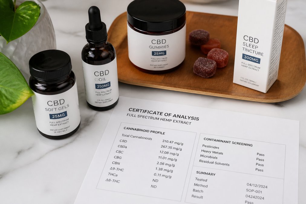 Close-up of CBD product bottles and gummies arranged on a white surface with a certificate of analysis document visible, showing lab test results with specific cannabinoid percentages and contaminant screening data