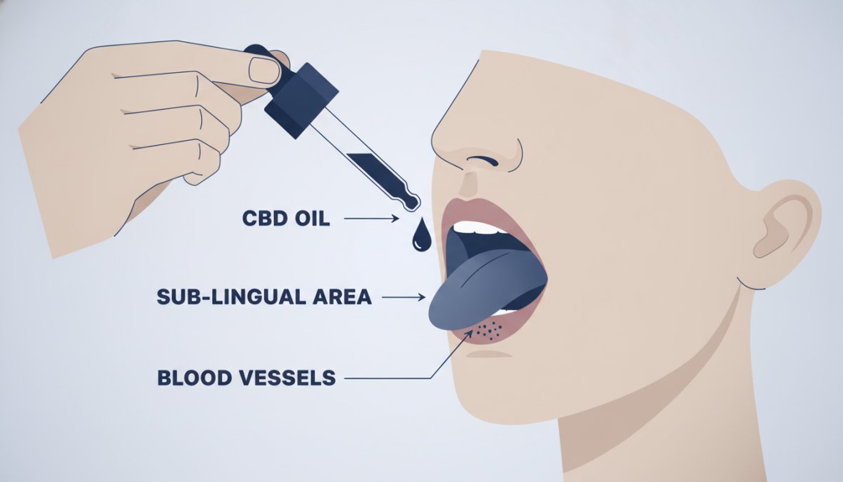 Close-up of hands holding a CBD oil dropper bottle positioned above an open mouth showing proper sublingual placement under the tongue with clear visibility
