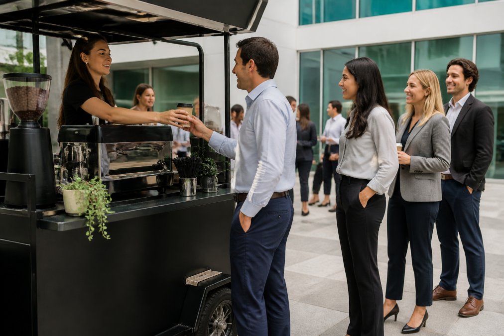 A branded mobile coffee cart at a corporate event with a barista serving espresso to a line of professionals in business casual attire, custom signage visible on the cart