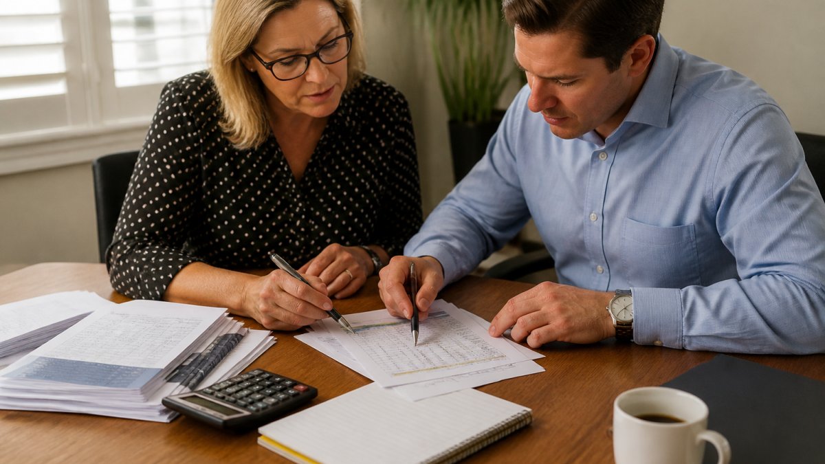 Real estate investor and CPA reviewing depreciation documents at a desk