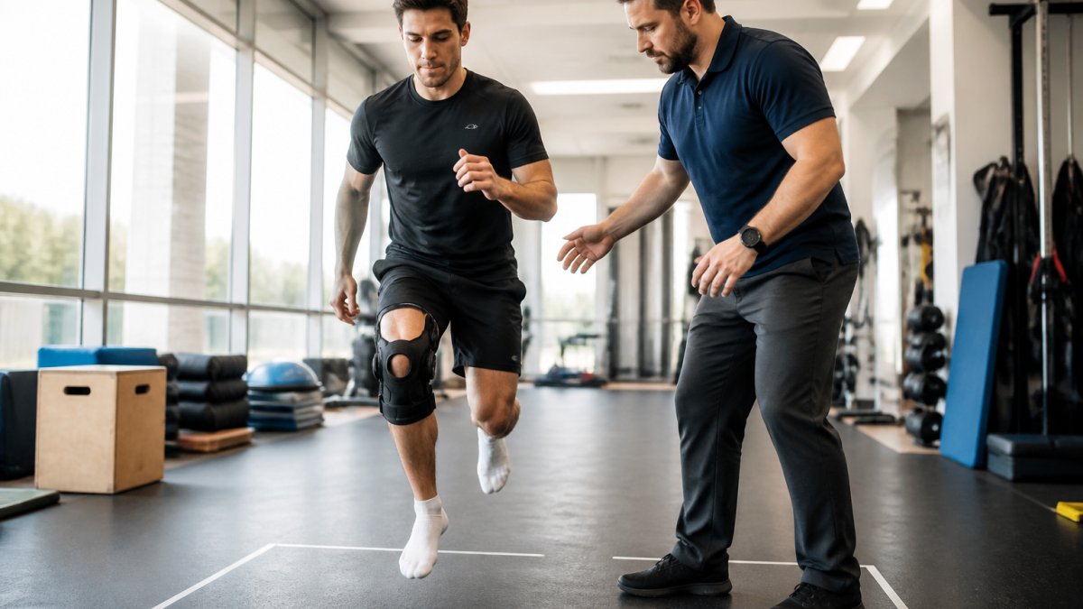 Physical therapist observing an athlete performing a single-leg hop test in a rehabilitation clinic