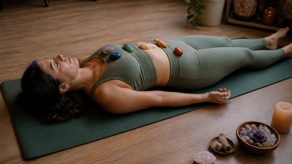 Person lying on a yoga mat with crystals aligned along their torso for a meditation session