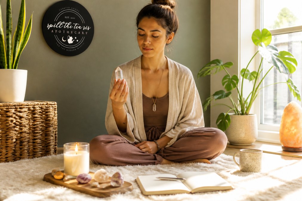 A woman sitting cross-legged on a soft rug in warm morning light, holding a clear quartz crystal in one hand with an intention candle glowing nearby and a journal open beside her