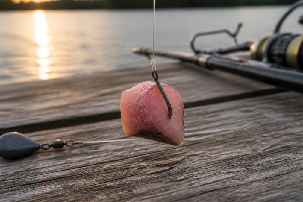 Close-up of a fishing line rigged with a circle hook and a cut bait chunk, showing the hook placement through the bait on a wooden dock in late afternoon light