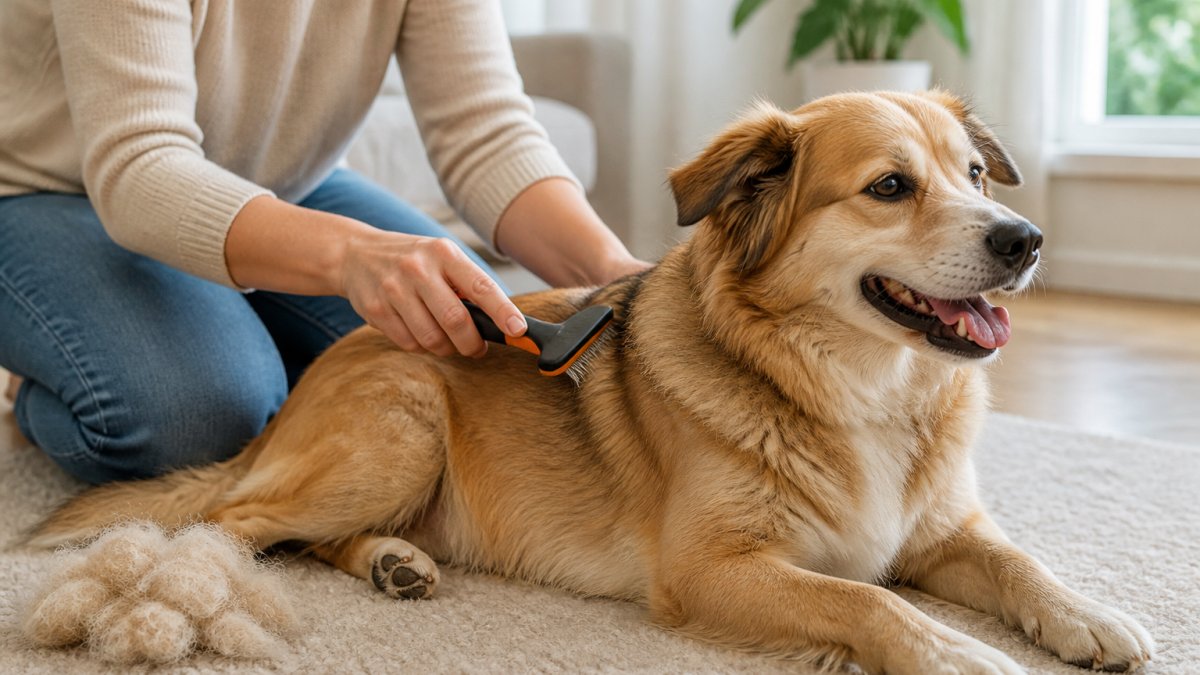 Close-up of a person's hands holding a deshedding brush against a calm medium-sized dog's back, short gentle strokes, dog relaxed on a light-colored rug in a sunny living room