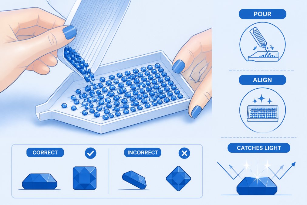 Close-up of hands pouring diamond beads into a tray with the lid positioned as a funnel, showing proper technique with beads oriented flat side down and catching light on their diamond surfaces