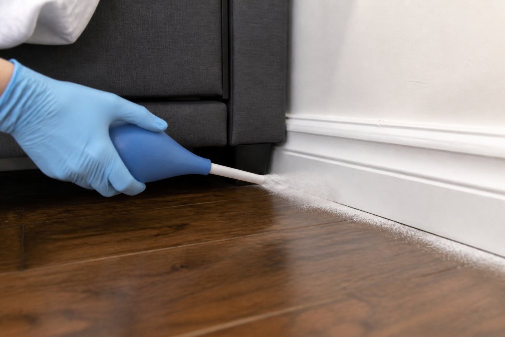 Close-up of a gloved hand holding a bulb duster releasing a fine white powder along the baseboard of a bedroom near the edge of a bed frame