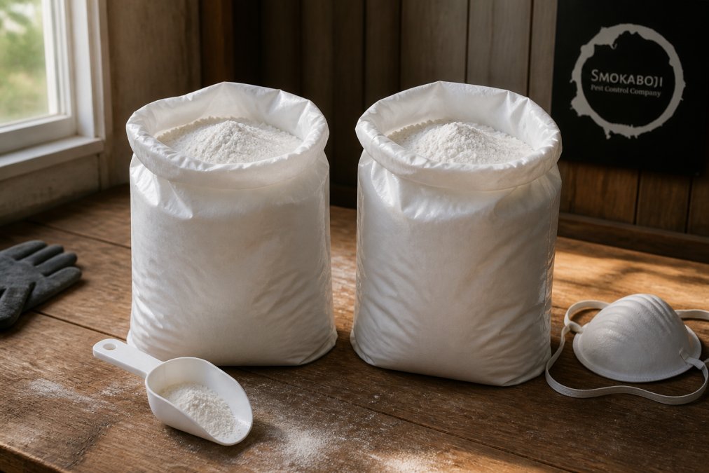 Close-up of two unlabeled bags of white powder side by side on a wooden workbench, with a small scoop and a dust mask nearby, natural window light