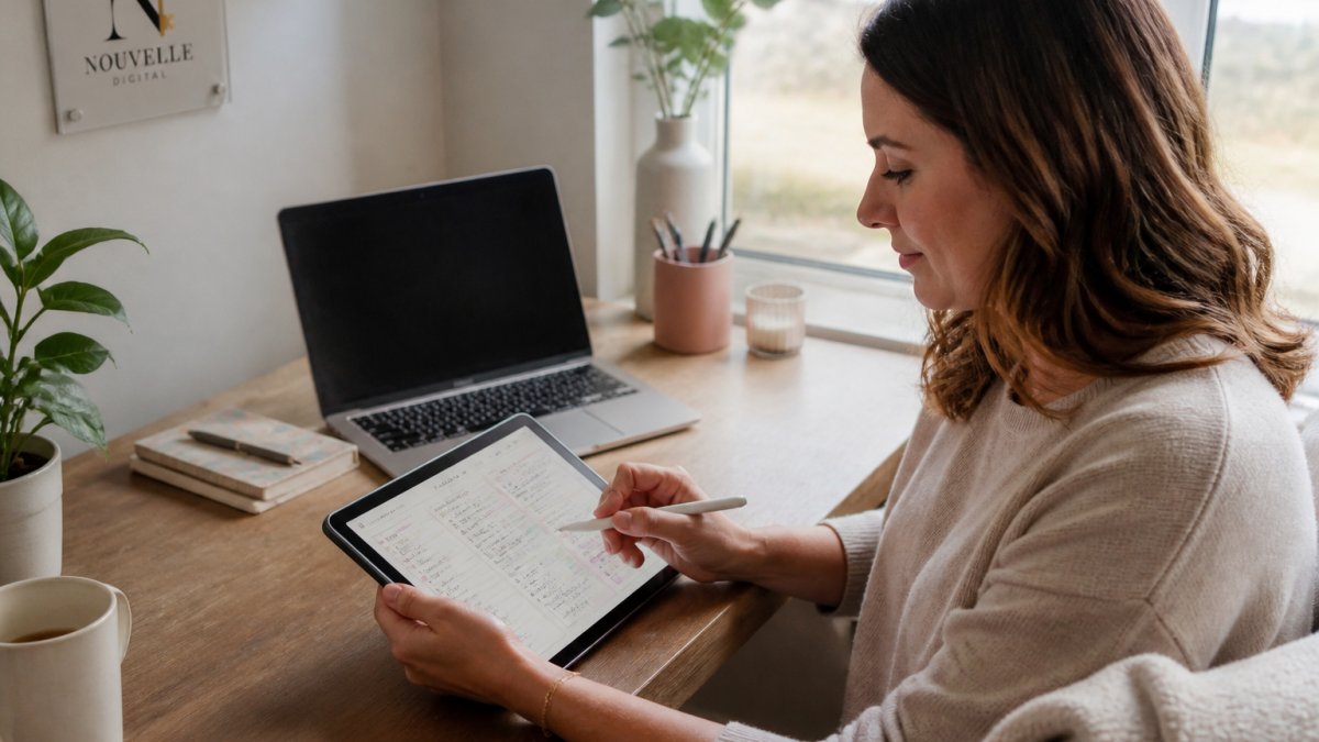 Woman using a stylus on a digital planner tablet at a tidy desk with a laptop in soft morning light