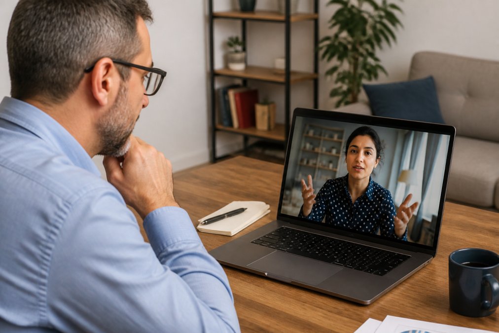 Manager using DISC profiles to adapt feedback during a remote video call with an engaged employee